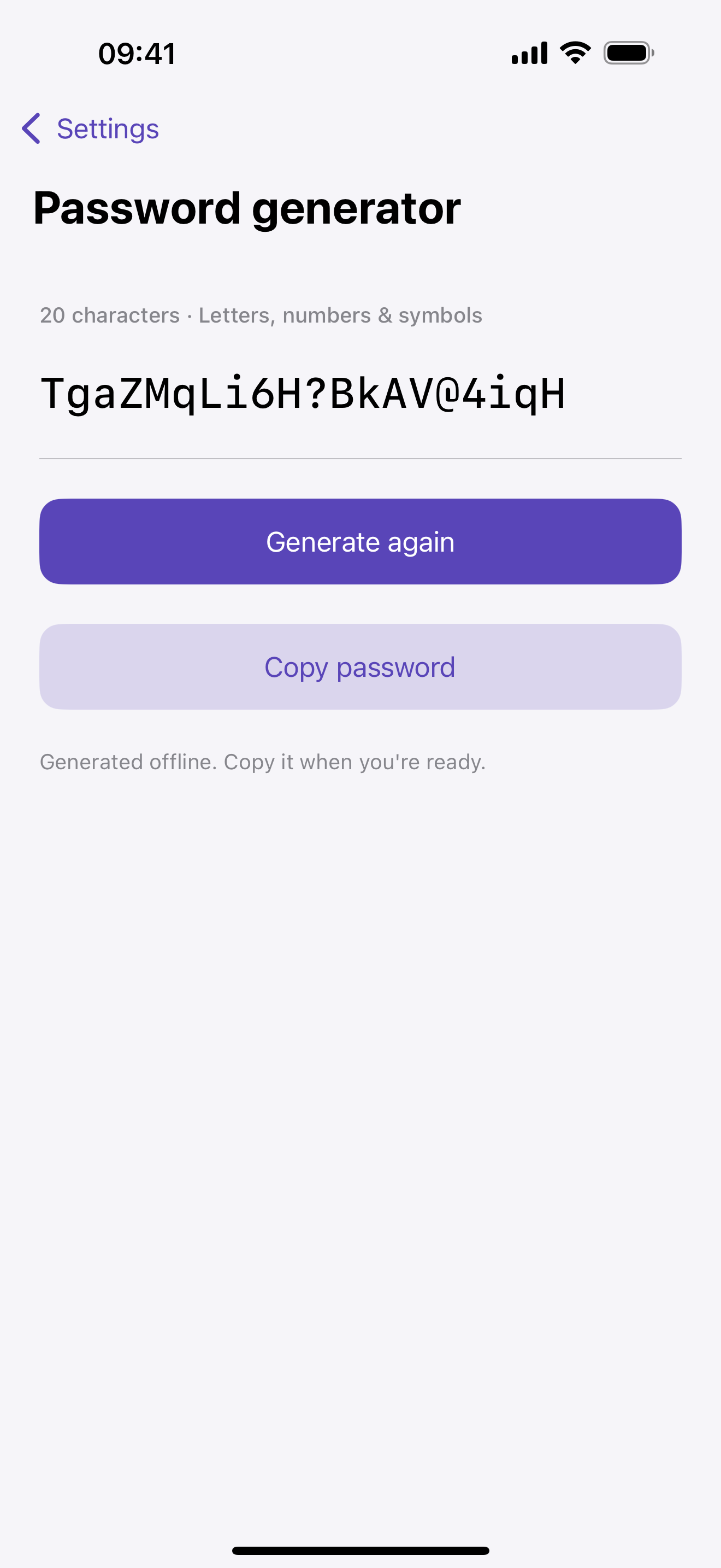 The app’s offline password generator showing a sample random password