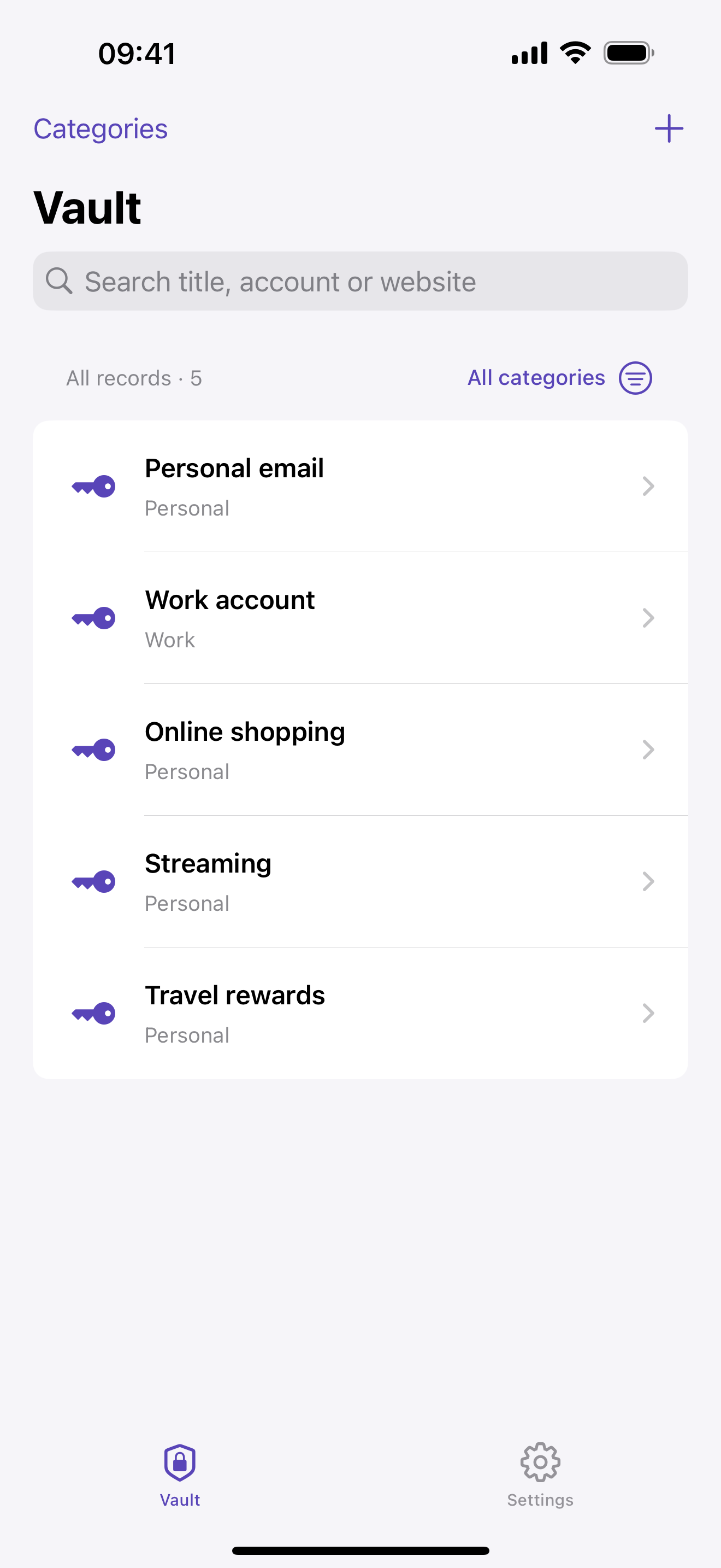 Password list showing fictional accounts organized into Personal and Work categories